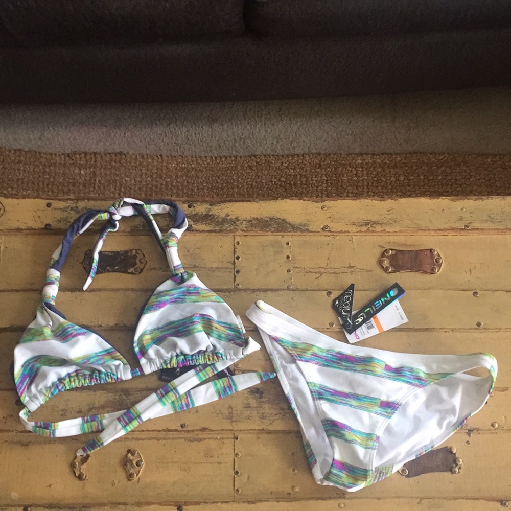 NWT O’NEILL SURF BRAND STRETCH MEDIUM COVERAGE BOHO STRIPE WHITE BIKINI SET S